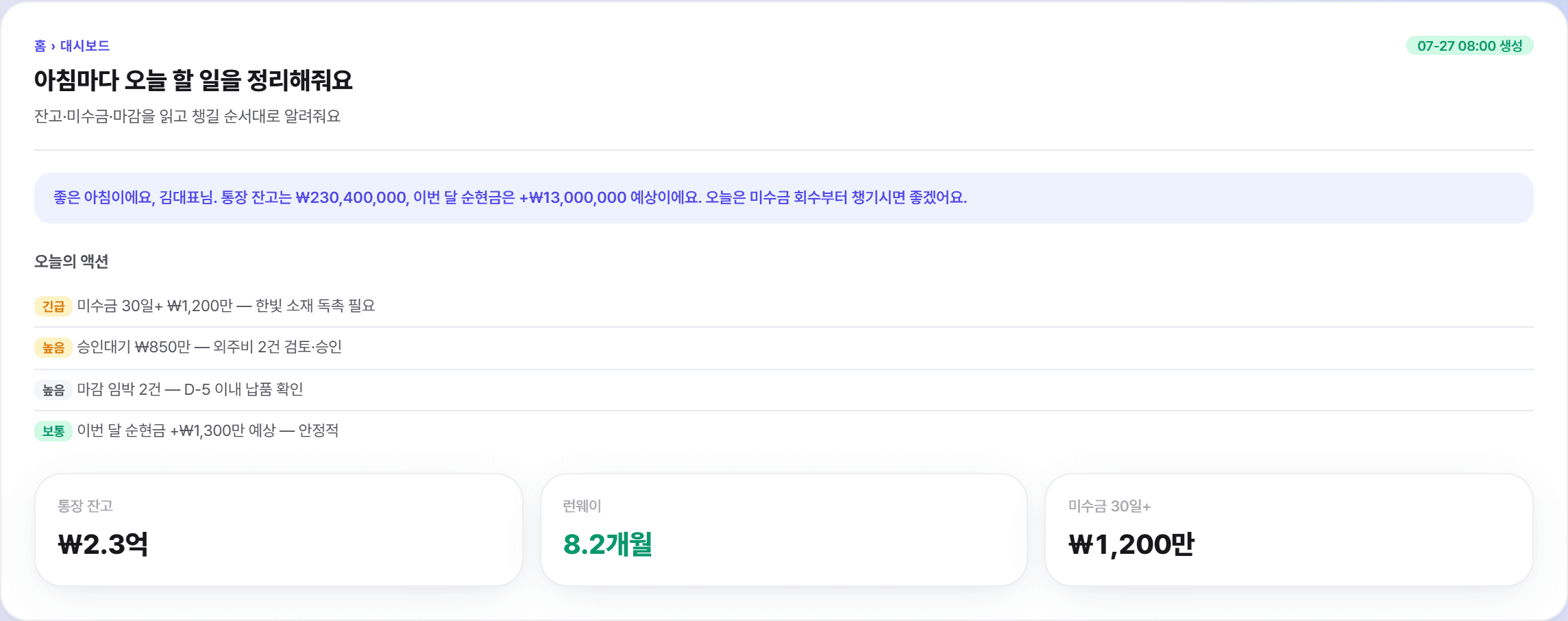 오너뷰 AI 액션 플랜 — 오늘 챙길 일 우선순위